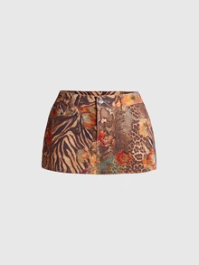 ROMWE Vacation Hippie Retro Floral Leopard Fruit Print Low Waist Bodycon Denim Skirt - Brown - View 1