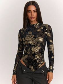 SHEIN BAE Autumn/Winter Solid Color Long Sleeve Gold Thread Rose Flocked Bodysuit Innerwear For Women - Black - View 6