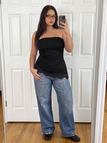 Comfortcana Plus Size Sleeveless Bandeau Split Pleated Solid Color Women's Top - Black - View 5