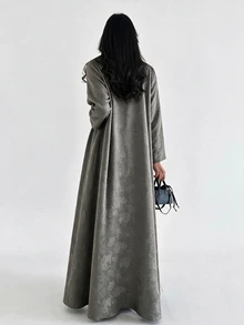 Yasmyna Women's Grey Woven Jacquard Single Lapel Contrast Color Long Sleeve Abaya - Grey - View 2