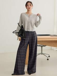 Dazy-Less Autumn/Winter Navy Blue High-Waist Pleated Solid Color Loose Straight Leg Casual Vintage 2000s Versatile Wide Leg Women's Long Pants Plaid Office Work - Navy Blue - View 4