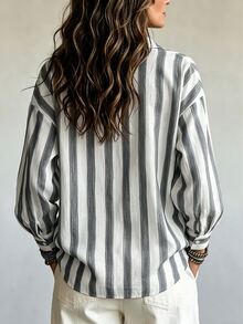 SHEIN 復古咖啡棕條紋翻領寬鬆長袖女款襯衫，垂墜慵懶休閒風，適合度假通勤百搭上衣 - 灰色 - 查看 2