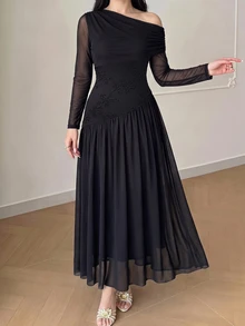 Modelyn Women's Asymmetric Shoulder Long Sleeve Ruched Waist Design Embroidered Mesh High Elastic Pleated Elegant Party Plus Size Dress - Black - View 6