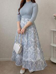 Dazy Plus Elegant Solid Color Stand Collar Top & Floral A-Line Skirt 2 Pieces Set, Early Autumn New Arrival - Blue - View 3