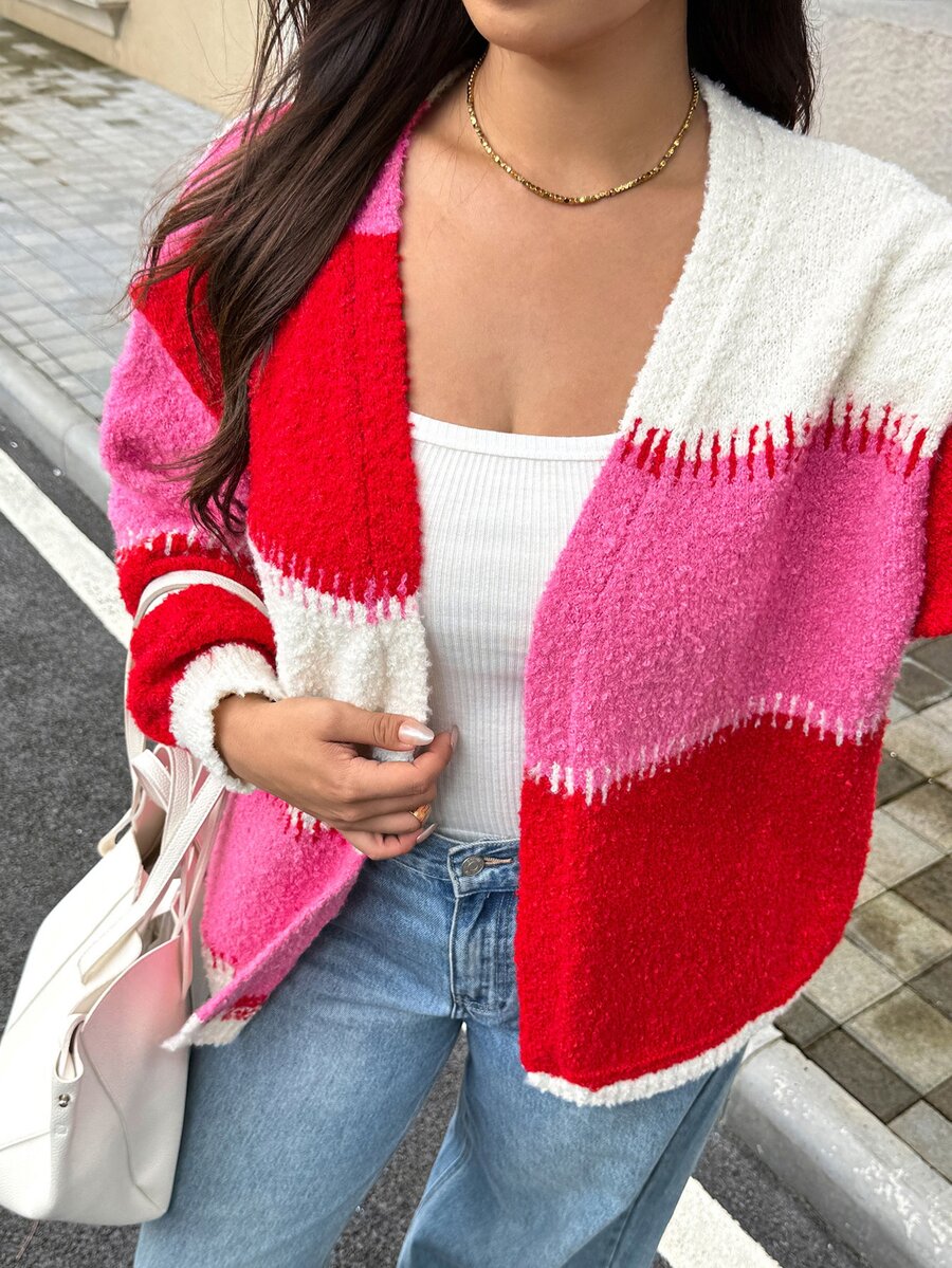 Easura Áo len khoác ngoài dáng rộng phối màu patchwork cổ chữ V tôn dáng thu gọn cho người size lớn, đa năng - Nhiều màu - Xem 1
