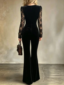 LUMIGAL Women's Lace Patchwork Casual Daily Wear Jumpsuit Long Pants - Black - View 2