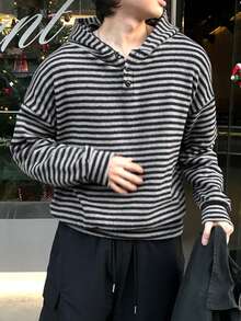 DAZY Autumn/Winter Striped Woolen Black & Grey Placket Button Design Men's Hoodie - Multicolor - View 6