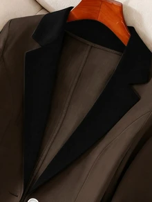 Franclia 女款夏季對比色翻領休閒通勤 3/4 袖輕量西裝外套 - 咖啡棕 - 查看 3