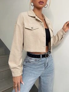 SHEIN EZwear Spring Outfits Drop Shoulder Flap Detail Crop Corduroy Jacket In Fall/Winter - Apricot - View 4
