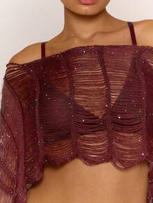 MUSERA Sheer Textured Knitted Long Sleeve Crop Top Beachwear Cute Festival Spring - Burgundy - View 2