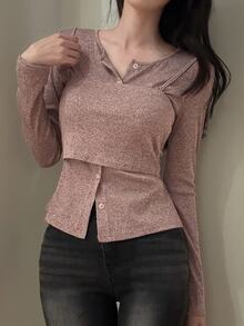 DAZY Solid Color Fitted Long Sleeve Cardigan & Short Camisole Casual Vacation Korean Style Daily Spring Autumn Women's 2 Pieces Set - Pink - View 10