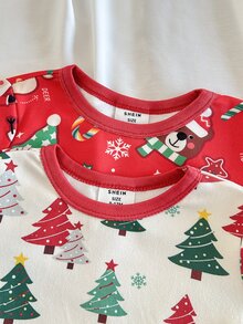 Loomiva Baby Boy Snug Fit Pajama Set, Christmas Pattern Christmas Tree Santa Claus Gingerbread Man Red Color Scheme Crew Neck Long Sleeve Pullover Top & Fitted Pants 2-Piece Set - Grey - View 3