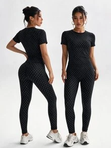 SHEIN Dewbera Women's Polka Dot Print Round Neck Short Sleeve Top & Long Pants Sports Set - Black - View 2