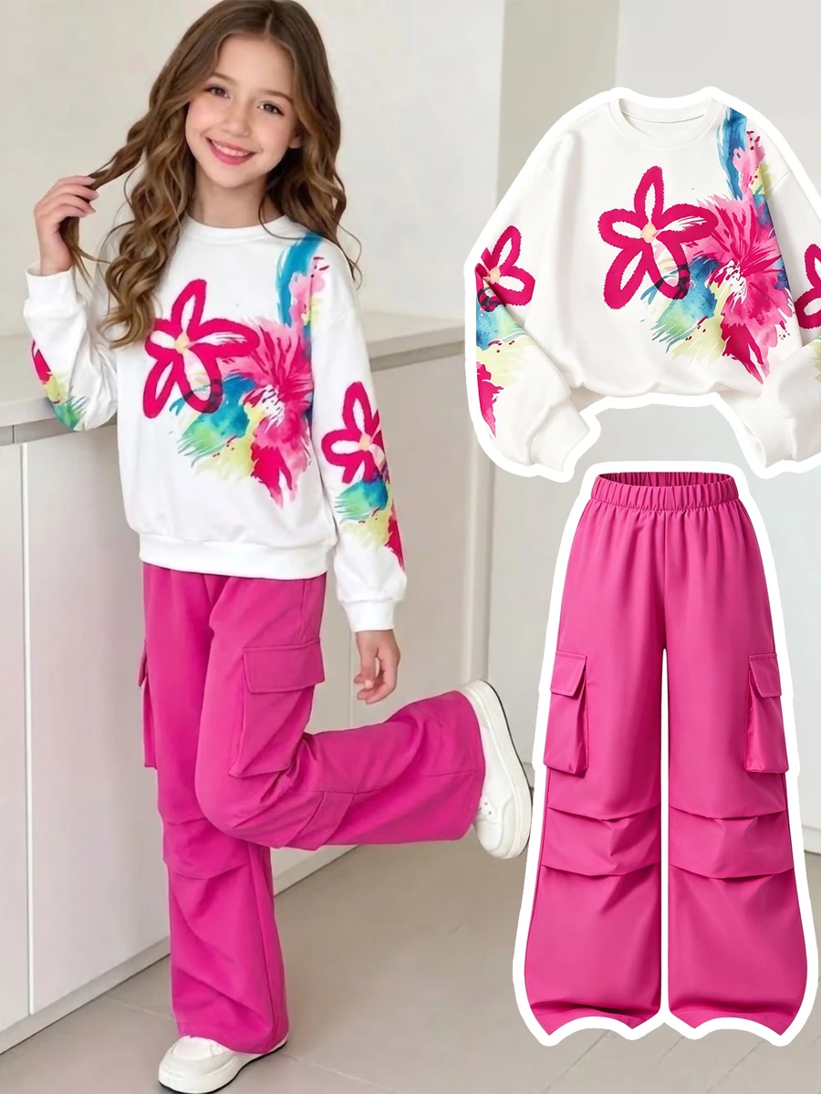SHEIN Sparklyn 青少年女孩花卉數位印花衛衣與工裝褲兩件套,街頭風寬鬆套頭上衣搭配翻蓋口袋寬腿休閒運動套裝 - 彩色 - 查看 1