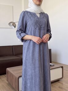 Solavon Women's French Lace Long Sleeve Arabian Dress - Blue - View 5