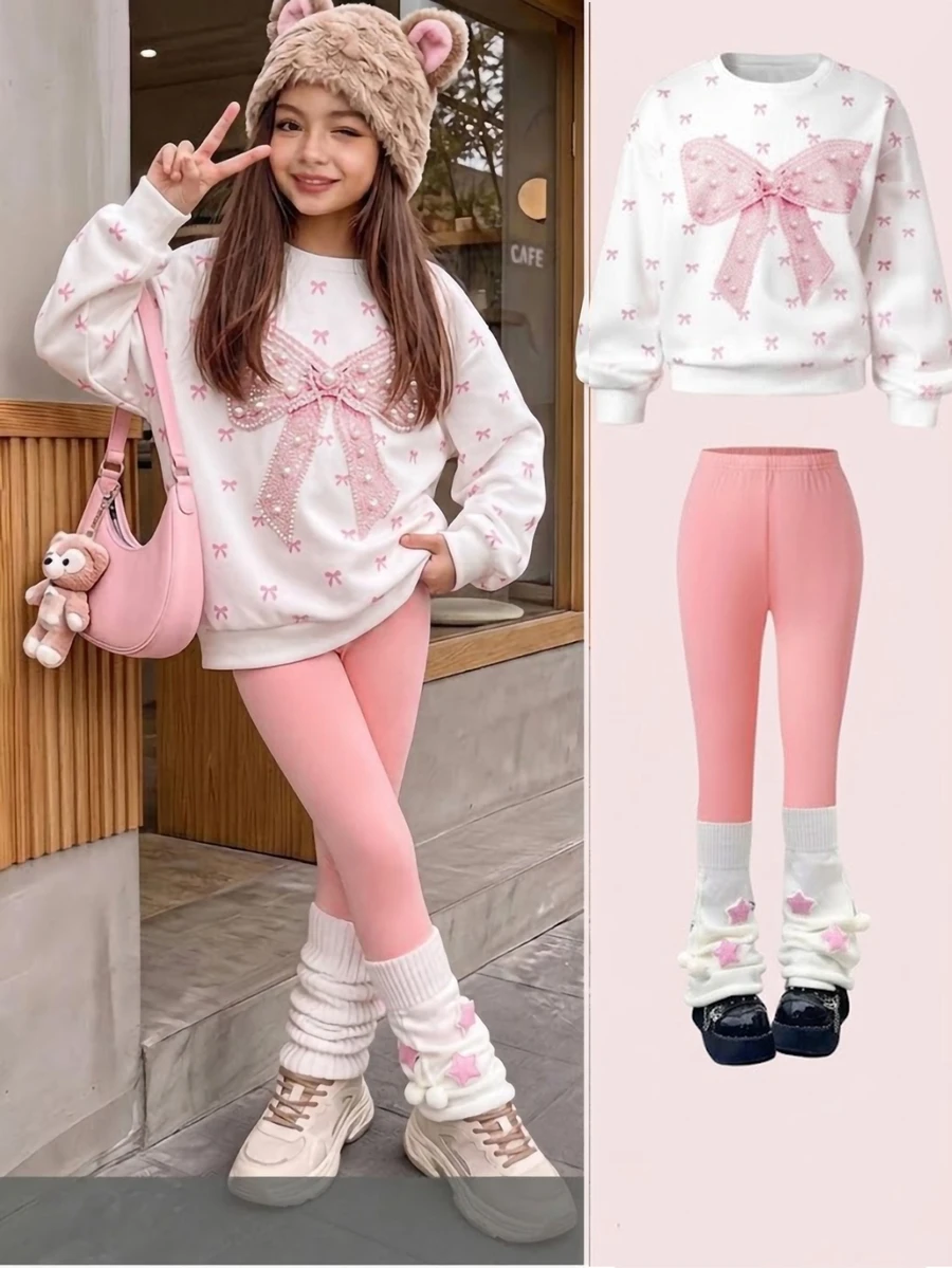 Genkimix Kids Girls Korean Style Energetic Grey Sweatshirt & Fitted Long Pants With Ribbon Bow 2pcs Set - Multicolor - View 1