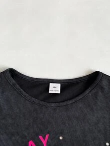 THE POWERPUFF GIRLS X SHEIN 青少年女孩修身休閒Y2K印花針織素色圓領抓皺百搭長袖黑色T恤，適合返校、室內、日常、運動、攝影、假期、生日、秋冬 - 黑色 - 查看 6