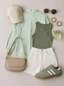 GlowEve CURVE Plus Size Collared Single-Breasted Striped Shirt & Sleeveless Tank Top 2 Pieces Set - Green - View 2