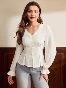 Vintamour Women's Solid Color Lace Patchwork V-Neck Button Design Cinched Waist Pleated Hem Long Sleeve Blouse - White - View 6