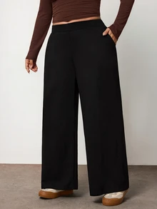 Enliva Plus Size Women's Cotton Blend Sweatpants High Waist Wide Leg Lounge Pants With Side Pockets,Apple,Rounded Body - Black - View 8