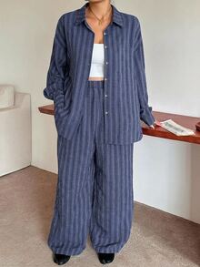 Dazy Plus Western Style Beach Vacation Solid Color Denim Effect Linen Material Loose Minimalist Spring Autumn Plus Size Women Two Pieces Set - Royal Blue - View 8