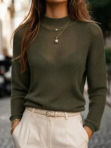 SHEIN New Arrival Women Mock Neck Cut Out Cold Shoulder Knit Sweater, Oversized Drop Shoulder Long Sleeve - Army Green - View 7