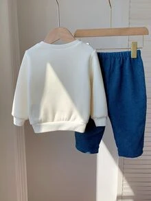 SHEIN 男嬰卡通鴨圖案圓領長袖套頭運動衫與鬆緊腰長褲兩件套 - 彩色 - 查看 2