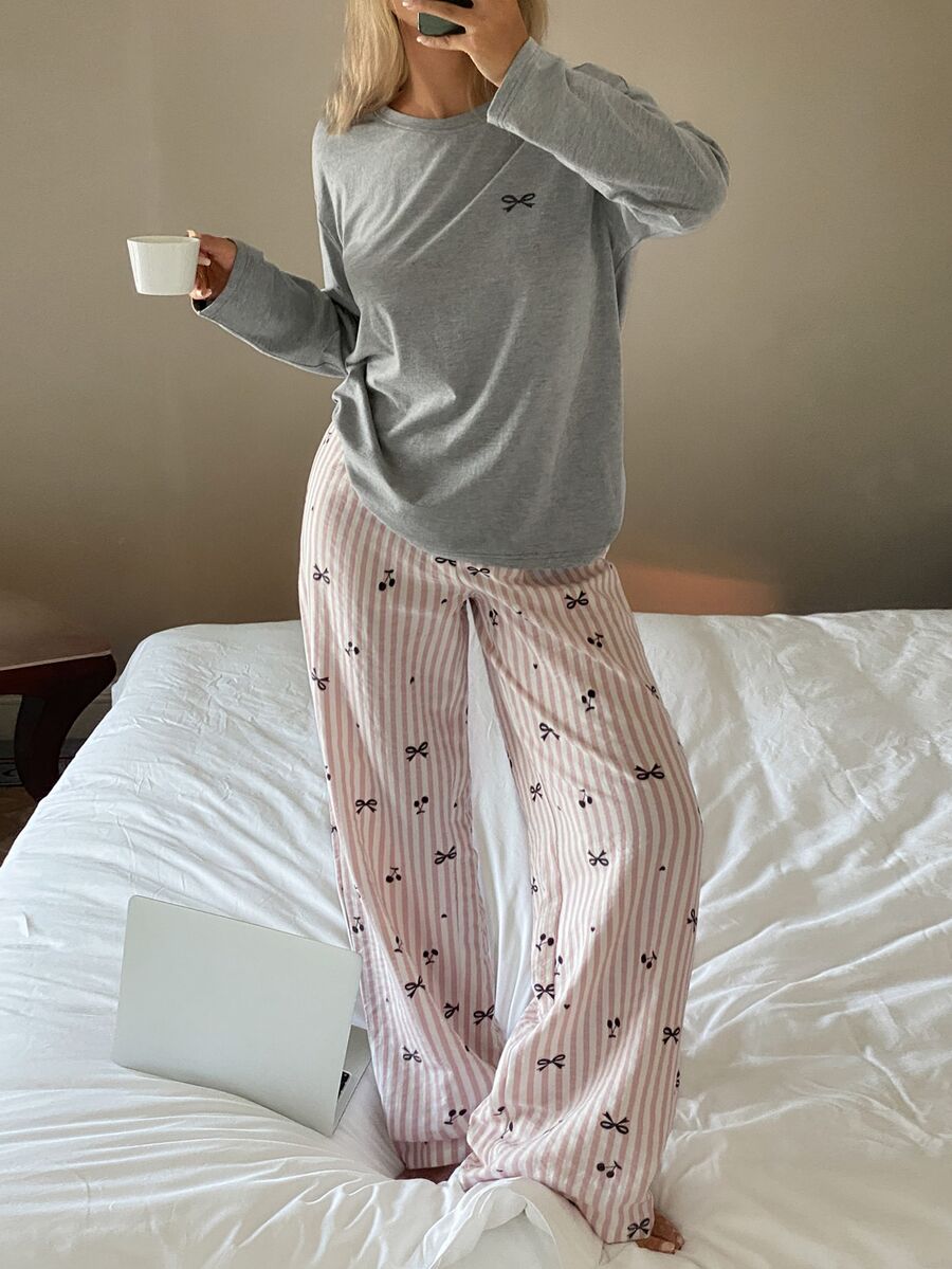 DAZY طقم بيجامة نسائي مريح فضفاض بتصميم فيونكة وأكمام طويلة مع بنطال طويل مخطط - رمادي - مشاهدة 1
