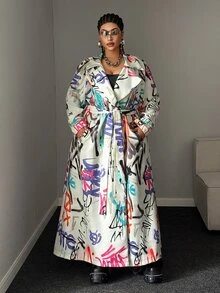 Maweii Mantel Trench Wanita Ukuran Besar Motif Grafiti Vintage Musim Gugur/Dingin, Desain Kasual Longgar Baru untuk Perjalanan Sehari-hari - MultiWarna - View 3