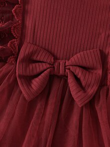 SHEIN 2件組女嬰甜美優雅波爾多紅蝴蝶結荷葉邊蕾絲羅紋長袖圓領常規婚禮秋季節日聖誕華麗芭蕾舞裙洋裝 - 酒紅色 - 查看 7
