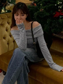 DAZY 女款純色露肩一字領針織T恤 白色 春秋款 - 深灰色 - 查看 6