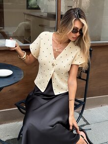 Serisse Cardigan Rajut Lengan Pendek Leher V Kancing Depan Motif Polkadot Blok Warna Kasual untuk Wanita, Atasan Kasual dan Elegan. Sweater Musim Gugur dan Musim Dingin untuk Wanita - Kuning - View 4