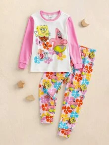 SpongeBob SquarePants | SHEIN 女童卡通印花長袖上衣與長褲休閒居家睡衣套裝 - 粉色 - 查看 1