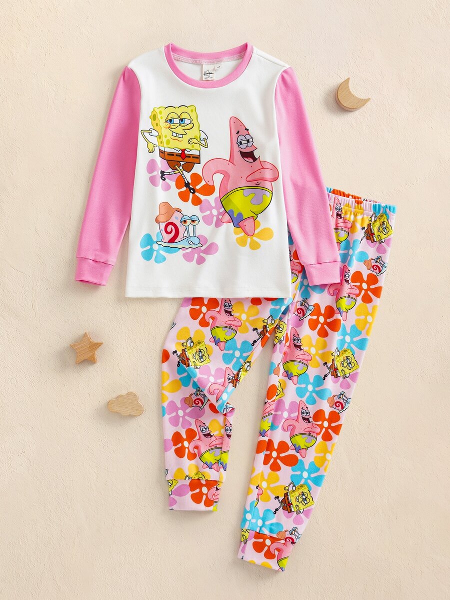 SpongeBob SquarePants | SHEIN 女童卡通印花長袖上衣與長褲休閒居家睡衣套裝 - 粉色 - 查看 1