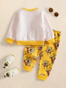 SpongeBob SquarePants | SHEIN 男嬰卡通圖案長袖運動衫與運動長褲休閒日常套裝 - 黃色 - 查看 2