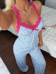 CottageSlumber Contrast Color Lace Trim Sweet Jumpsuit Striped Heart Print Sexy Comfortable Home Sleepwear - Blue - View 4