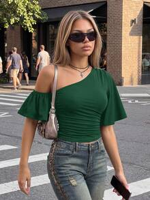 SHEIN ICON 女款素色不對稱肩休閒日常穿搭上衣 - 墨綠色 - 查看 6