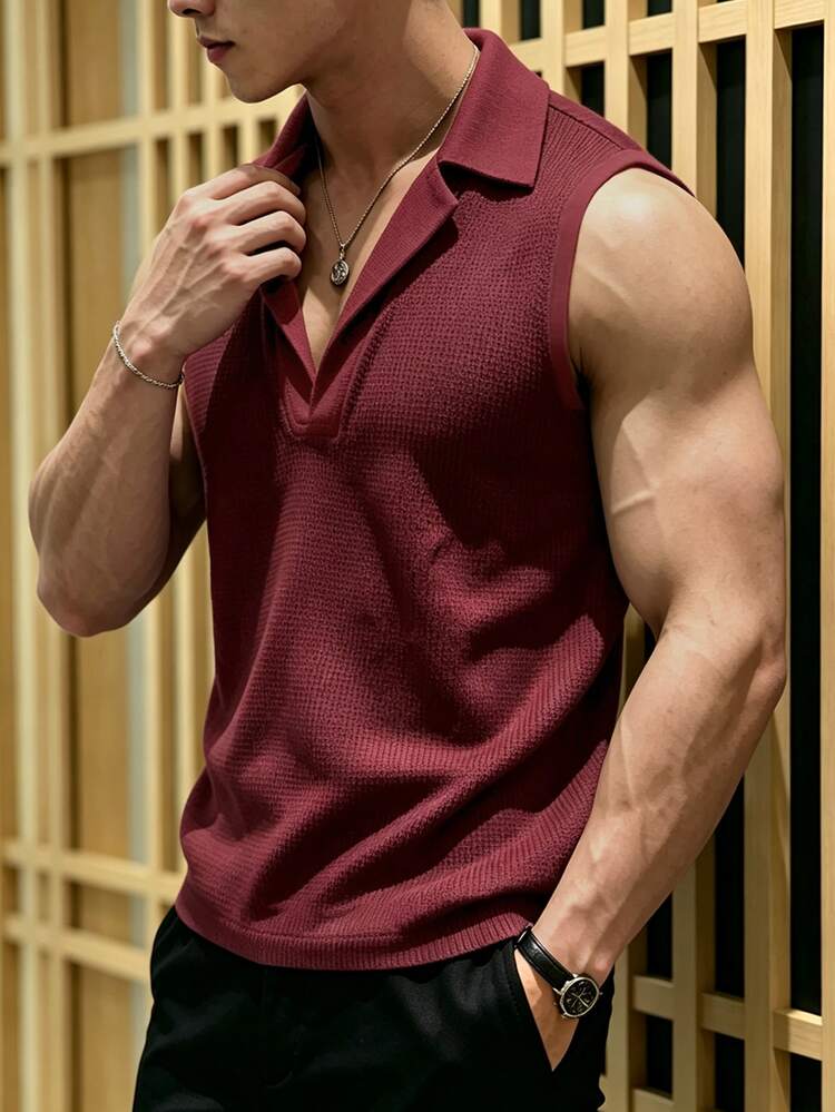 TONEVAULT Men Solid Waffle Knit Tank Top - Burgundy - View 4