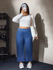 Flexra Cowgirl Outfit Plus Size Women Blue Stretch Straight Leg Cropped Jeans - Medium Wash - View 7