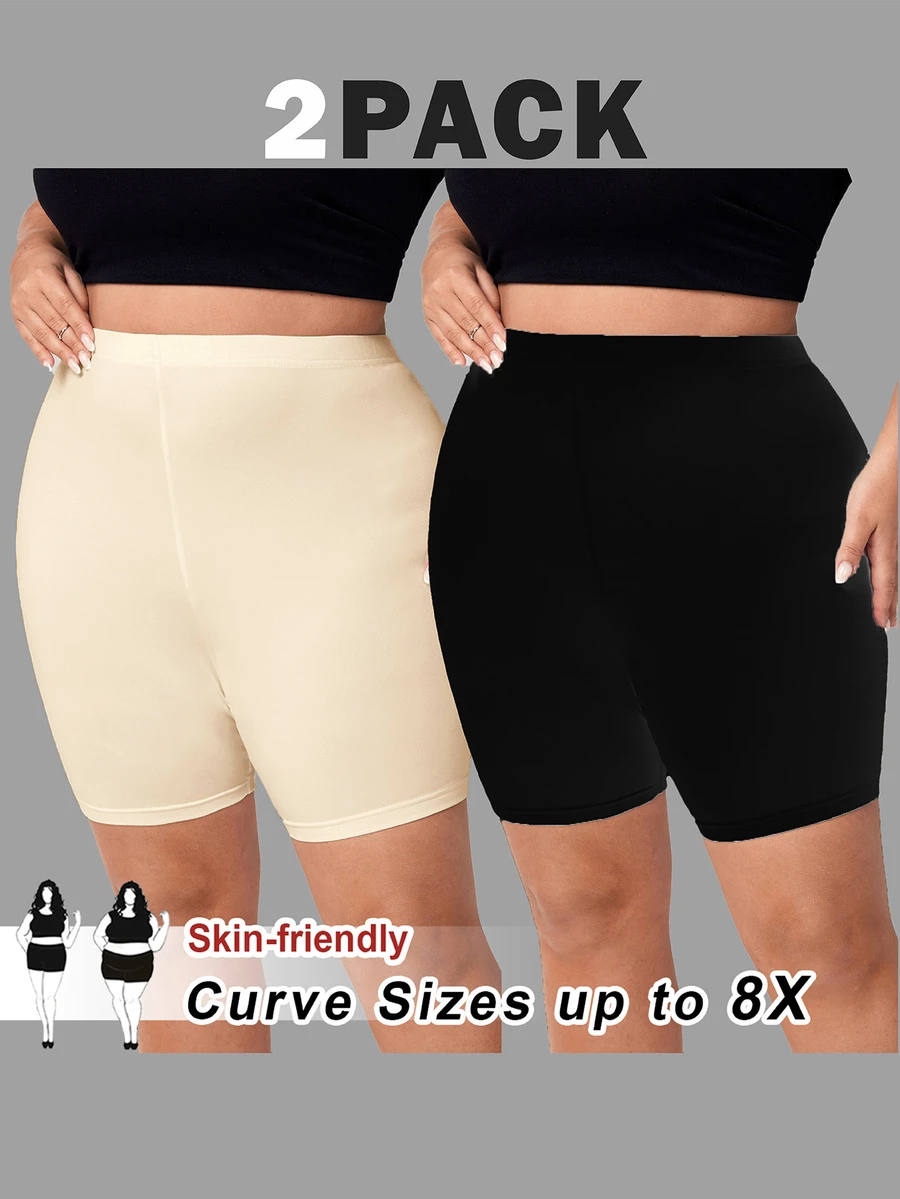 SHEIN CURVE+ 大尺碼女款純色休閒日常穿著緊身底層短褲 - 彩色 - 查看 1