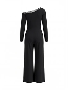 LUMIGAL Women's Elegant Casual Daily Commute Asymmetrical Shoulder Patchwork Ruffle Long Sleeve Elastic Slim Fit Flare Leg Black Jumpsuit - Black - View 4