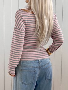 SHEIN EZwear Pink Striped Knit Off-Shoulder Fitted T-Shirt - Pink - View 2