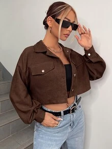 SHEIN EZwear 春秋穿搭落肩翻蓋設計短版燈芯絨夾克 秋冬款 - 棕色 - 查看 3