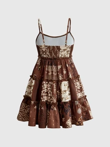 ROMWE Autumn/Winter Hippie Brown Paisley A-Line Spaghetti Strap Women's Short Dress - Brown - View 2