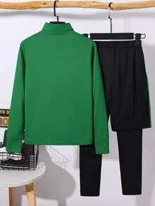 SHEIN 兒童青少年男孩休閒運動立領半拉鍊聖誕綠長袖黑色2合1防走光褲舒適運動服適合通勤上學日常休閒旅行適合運動適合春夏秋冬季節 - 墨綠色 - 查看 6