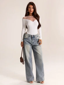 SHEIN BAE Autumn/Winter Solid White Ribbed Knit Long Sleeve Sheer Patchwork Women's Bodysuit - White - View 3