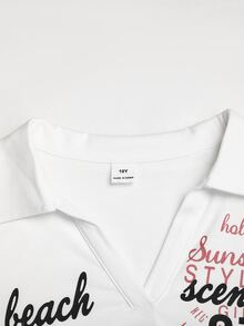 SHEIN 青少年女孩印花針織白色 Polo 領休閒長袖 T 恤，返校季 - 白色 - 查看 4