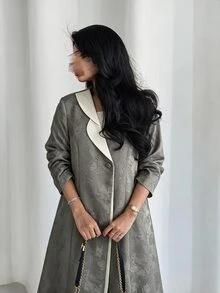 Yasmyna Women's Grey Woven Jacquard Single Lapel Contrast Color Long Sleeve Abaya - Grey - View 10