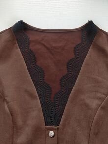 Auvina Women's V-Neck Button Decor Patchwork Lace Long Sleeve Top + Wide Leg Pants Two Pieces Set Fall - Brown - View 7