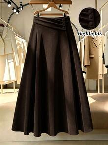 GlowEve CURVE Plus Size Women's Autumn/Winter Fashion Casual Daily All-Match Versatile Waist Knot Button Brown Ribbed Skirt - Brown - View 4